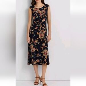 Ralph Lauren Floral Twist Front Navy Jersey Dress Size 10
